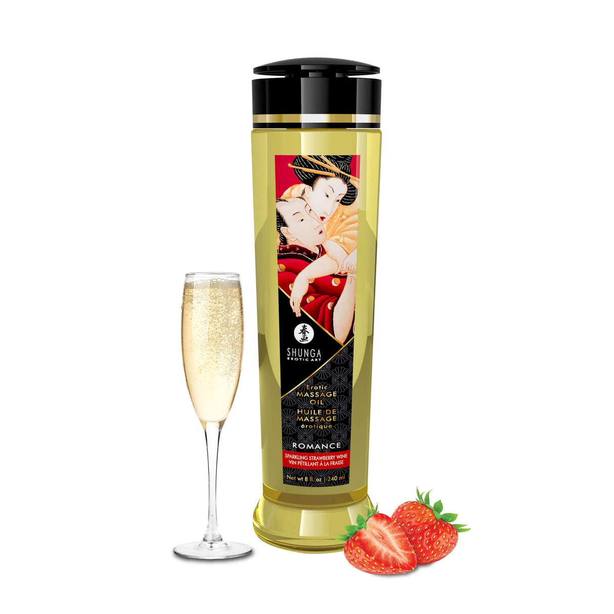 Shunga Massage Oils Romance Sparkling Strawberry Wine 8 Oz bottle next to a glass of sparkling wine and strawberries.