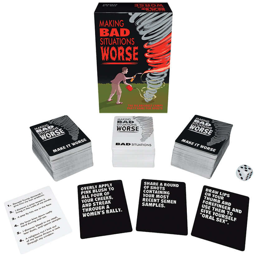Making Bad Situations Worse Adult Party Card Game with outrageous reaction cards and game components on display.