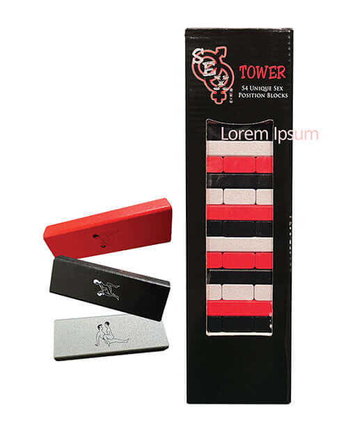 SEX Tower Adult Game box with 54 unique sex position blocks and colorful stacked game pieces.
