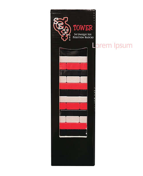 SEX Tower Adult Game packaging featuring 54 unique sex position blocks for couples' fun and adventure.