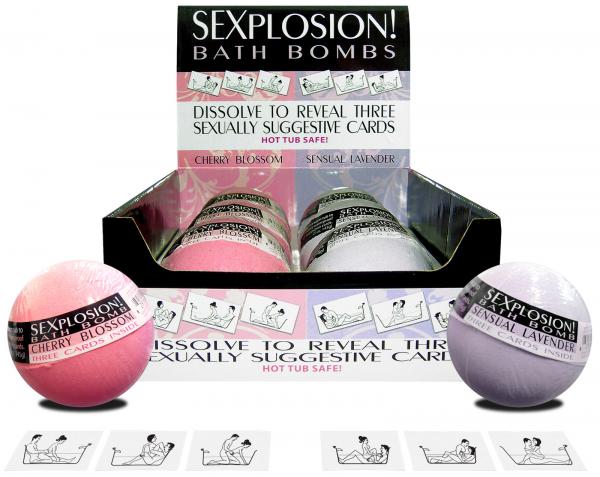 Sexplosion Bath Bombs with Suggestive Cards in colorful packaging, revealing playful bath ideas for couples.