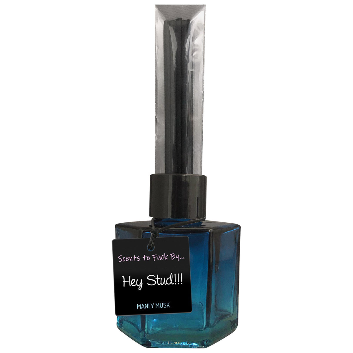 Kheper Games Aphrodisiac Reed Diffuser Manly Mush in blue glass bottle with reeds and playful label.