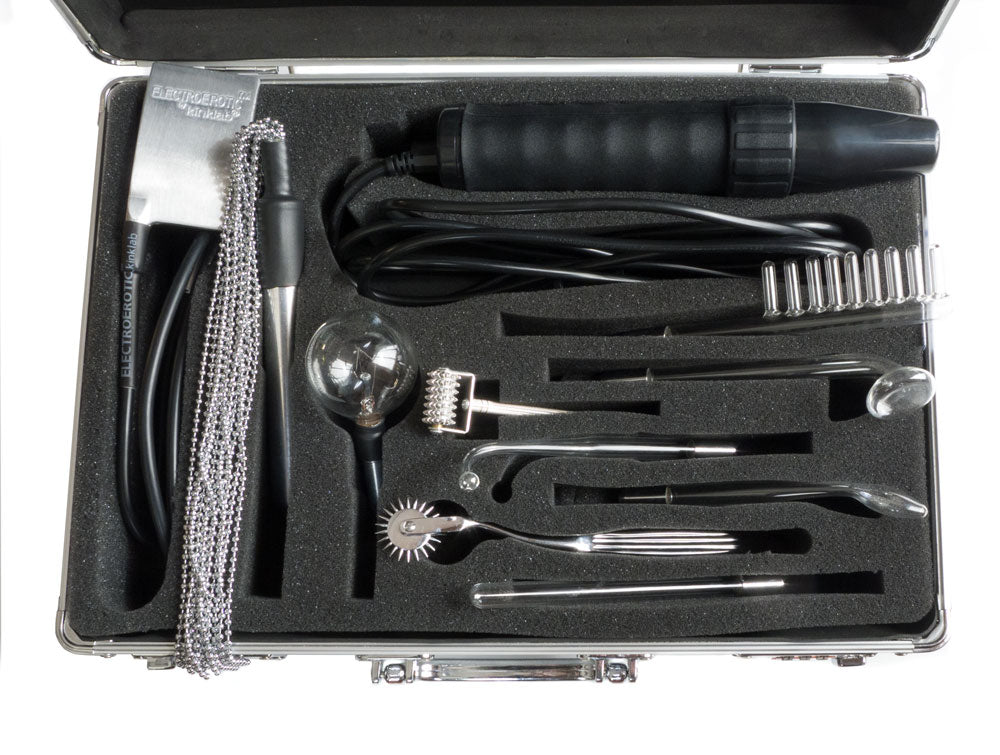 Kink Labs Agent Noir Neon Wand Electrosex Kit accessories in a combination-lock case for electro play.