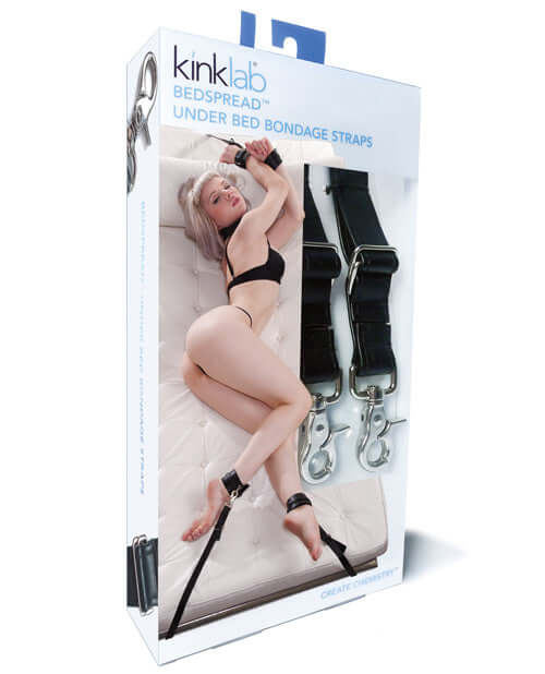 KinkLab Bedspread Restraint System packaging featuring under bed bondage straps and model in playful pose.