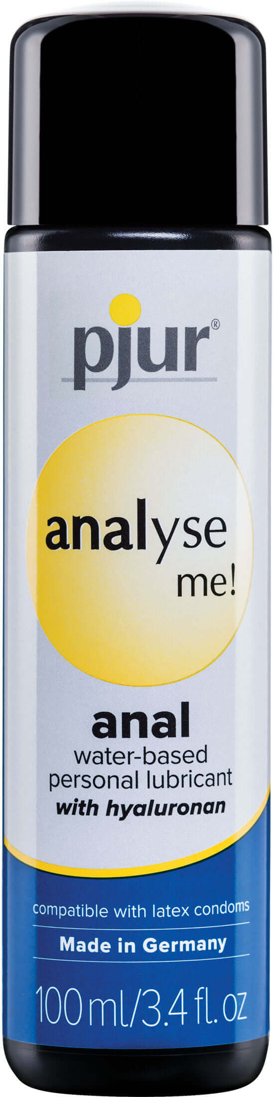 Pjur Analyse Me Water-Based Anal Lubricant 250 ml bottle with hyaluronan, ideal for anal play and compatible with latex condoms.