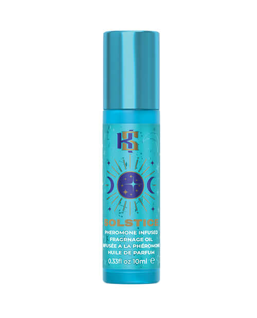 Kama Sutra Celestial Pheromone Roll on Oil Solstice 10 ml in a blue bottle with celestial designs.