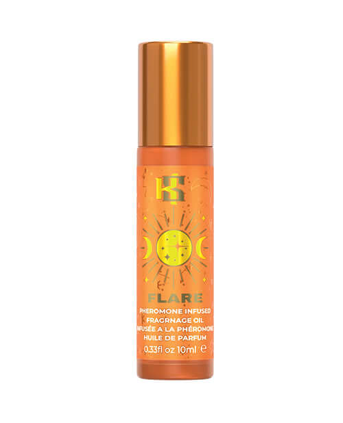 Kama Sutra Celestial Pheromone Fragrance Roll on Oil Flare 10 ml bottle with golden cap and vibrant orange design.