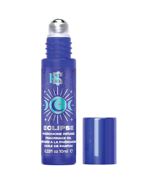 Kama Sutra Celestial Pheromone Roll on Oil Eclipse 10 ml in a dark blue bottle with a rollerball applicator.
