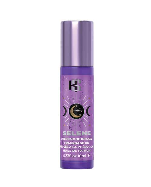 Kama Sutra Celestial Pheromone Roll on Oil Selene 10 ml bottle design with purple color and celestial theme.