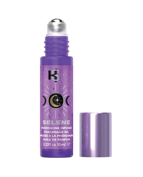 Kama Sutra Celestial Pheromone Roll on Oil Selene 10 ml bottle with purple design and rollerball applicator.