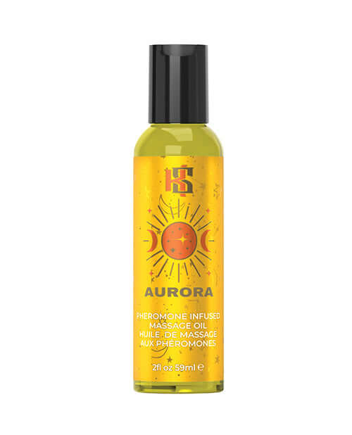 Kama Sutra Pheromone Massage Oil Aroura 2 Oz bottle with vibrant yellow design and black cap.