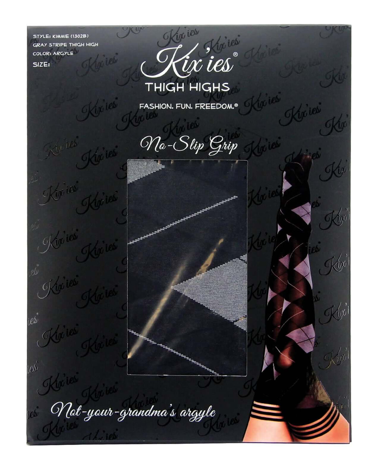 Kixies Kimmie Argyle Thigh High Size A packaging showcasing stylish argyle design and non-slip grip feature.