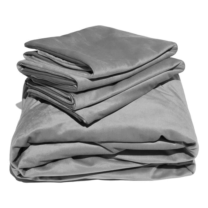Liberator Fascinator Liquid Velvet Queen Fitted Sheet Grey stacked and ready for use.