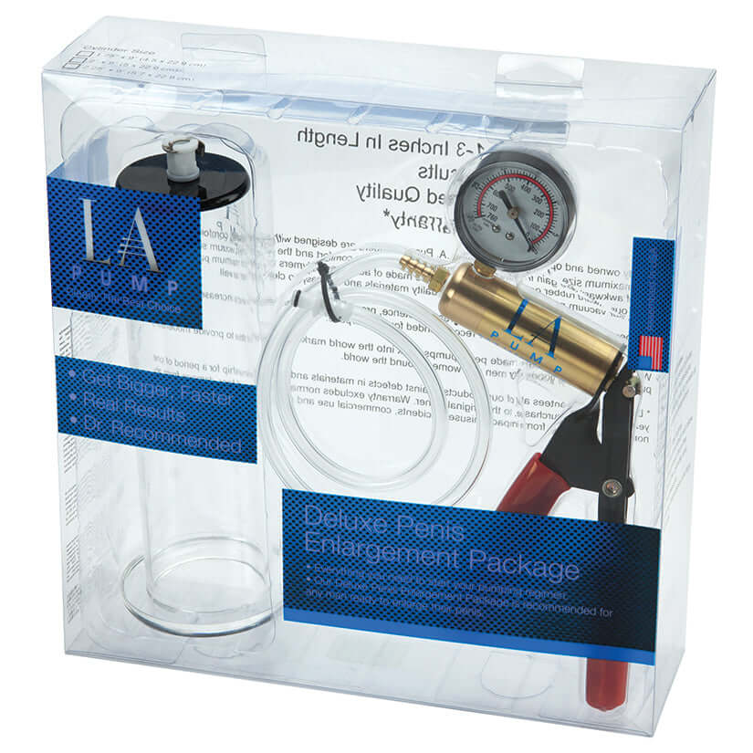 LA Pump Regular Cylinder Kit 2 X 9 inch packaged with accessories for safe and effective use in length enhancement.