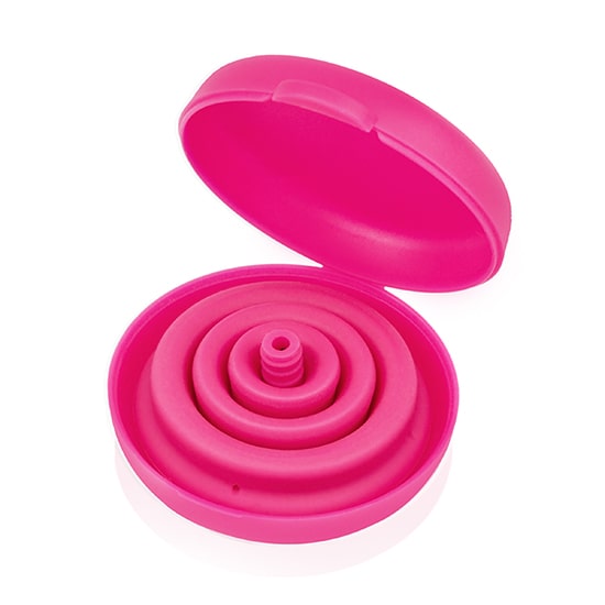 Intimina Lily Cup Compact Size B Menstrual Cup in its collapsible protective case.