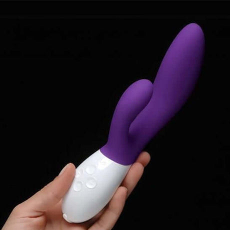 LELO Ina 2 Rabbit Vibrator Purple held in hand, showcasing its elegant design and dual-action features.