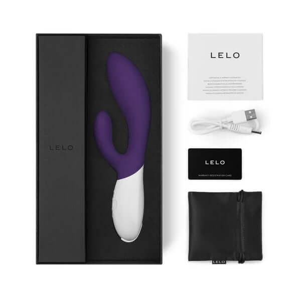 LELO Ina 2 Rabbit Vibrator Purple in packaging with accessories, USB charging cable and warranty card.