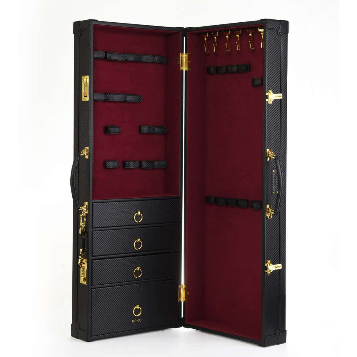 Luxury bondage storage trunk with red velvet lining and versatile compartments for BDSM tools and toys.