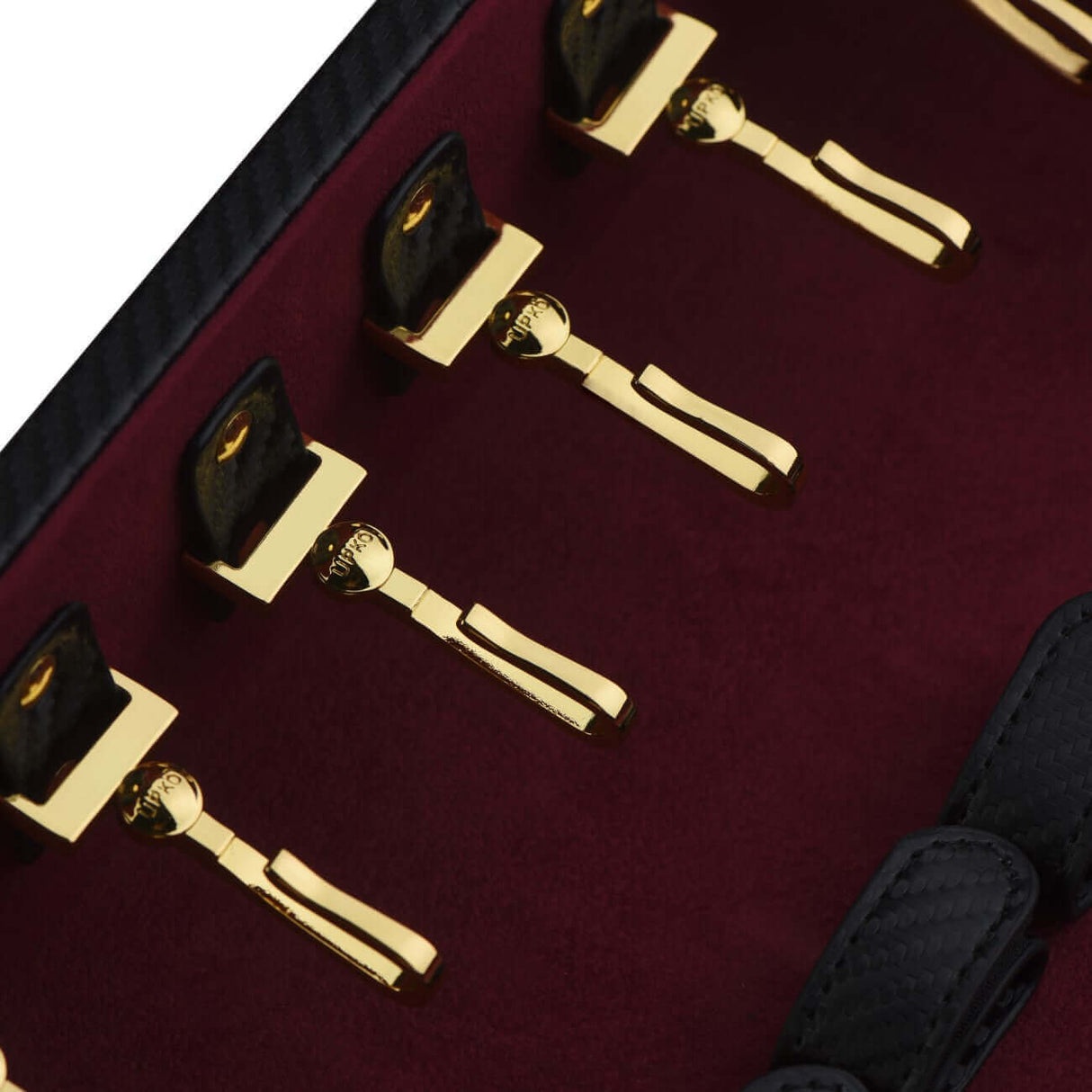 Interior view of Luxury Bondage Sade Trunk featuring gold fixtures on red velvet lining. Perfect for organizing BDSM tools.
