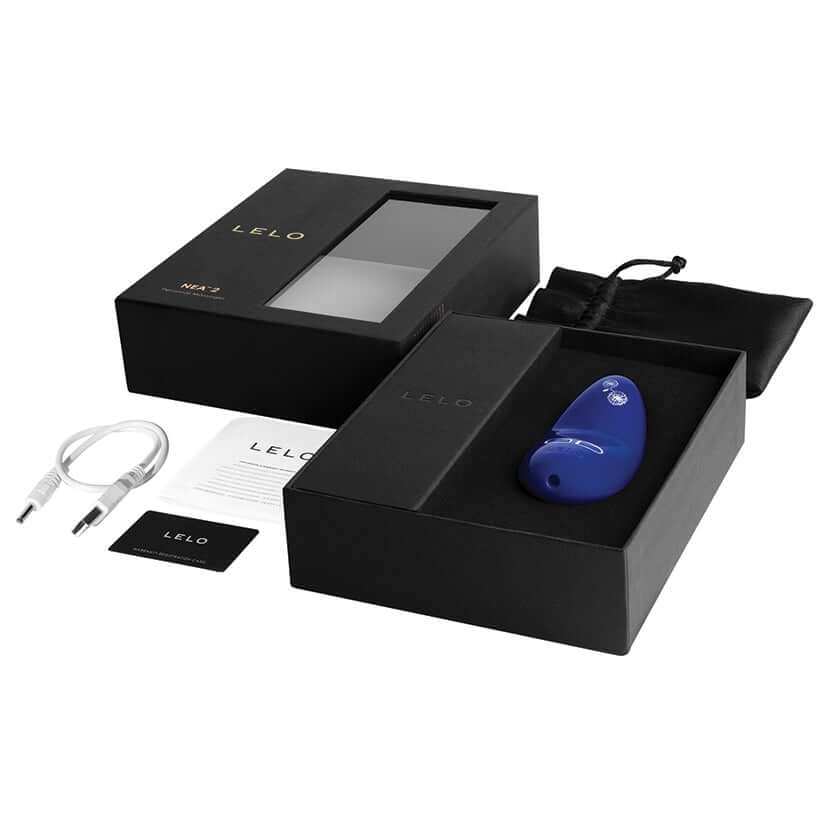 Lelo Nea 2 Personal Massager Midnight Blue in elegant packaging with accessories.
