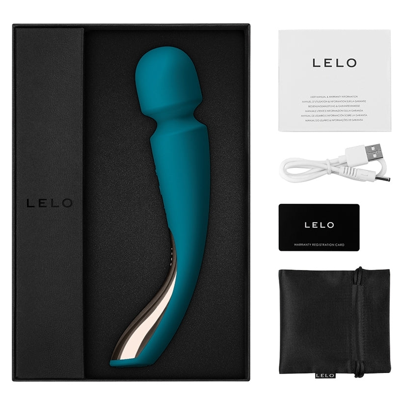 Lelo Smart Wand 2 Medium Ocean Blue Massager in a luxury packaging with accessories.