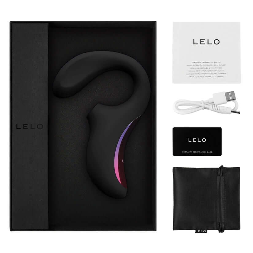 Lelo Enigma Cruise Dual Action Sonic Massager Black in its elegant packaging, including accessories and user guide.