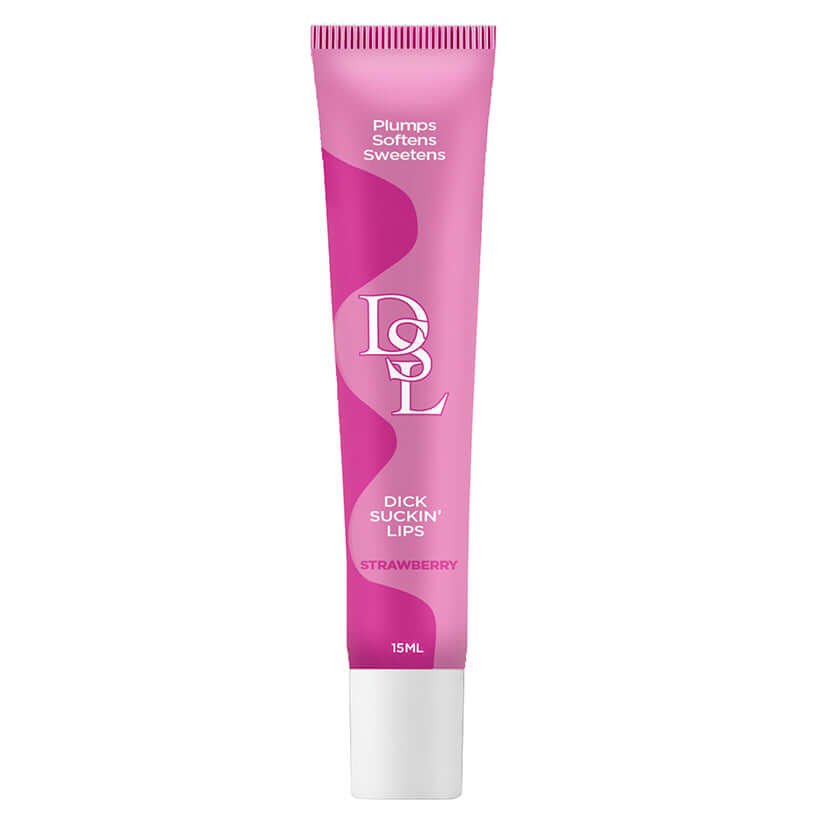 DSL Dick Sucking Lips Strawberry 15 ml lip plumping serum in a pink tube for fuller and seductive lips.