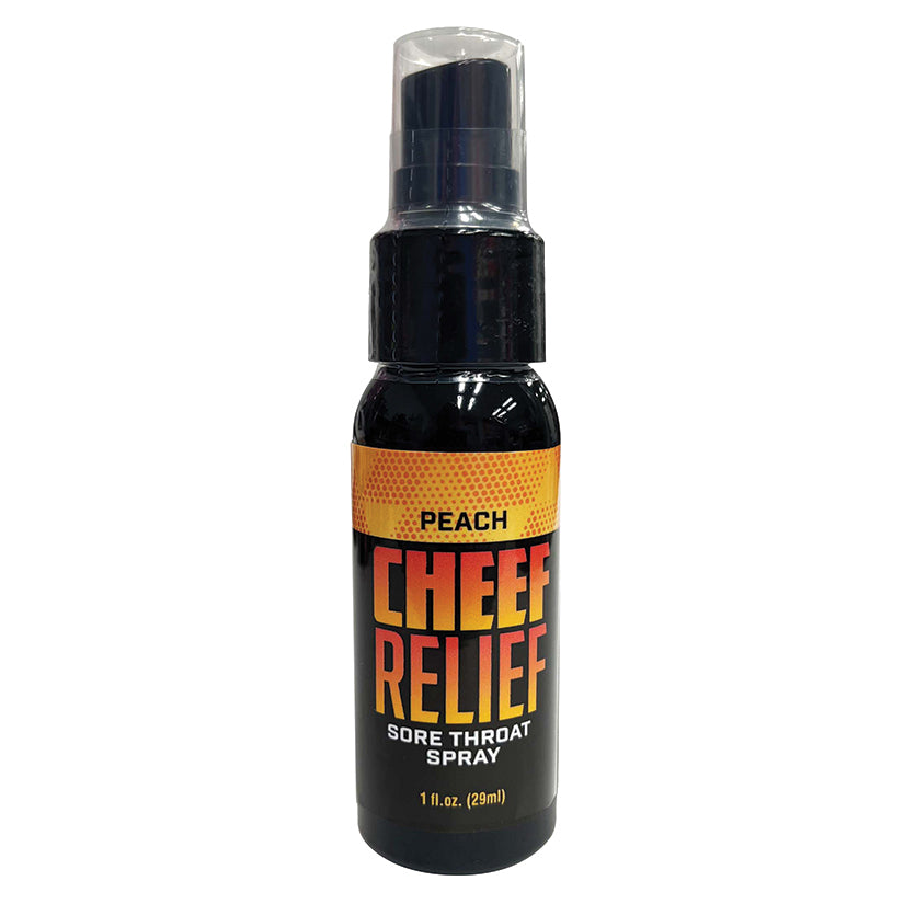 Cheef Relief Peach Sore Throat Spray 1 oz bottle designed to soothe throat irritation with a flavorful peach taste.