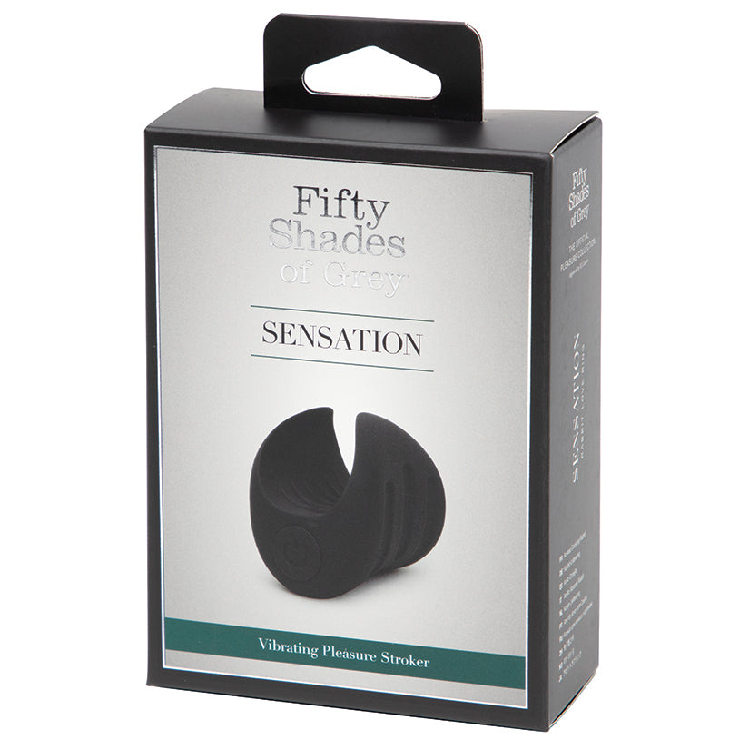 Fifty Shades Of Grey Sensation Vibrating Pleasure Stroker packaging showcasing its sleek design and features.