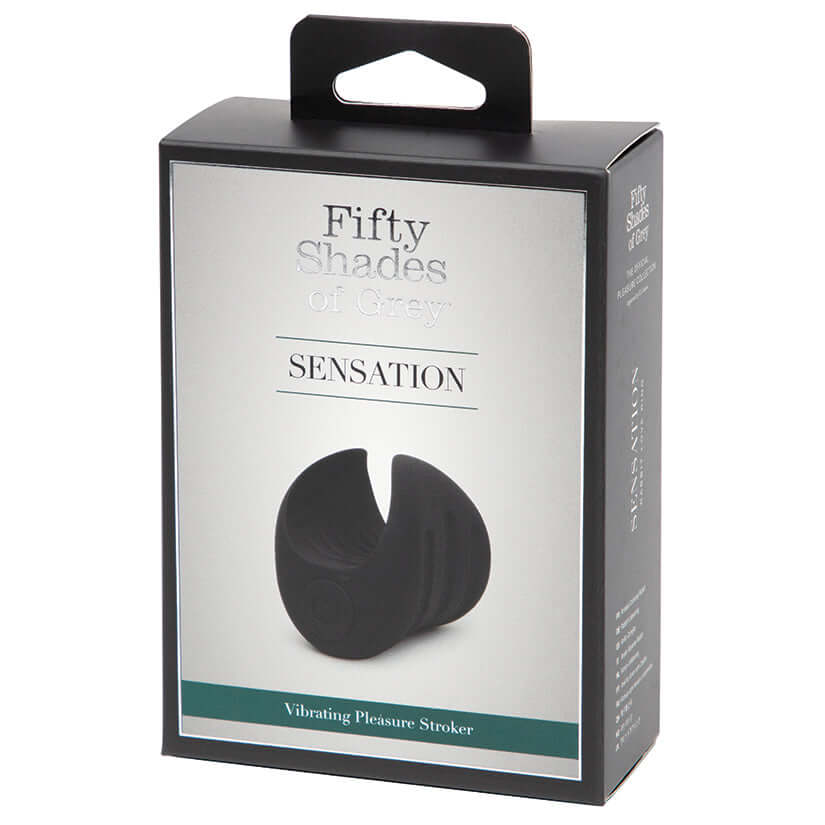 Fifty Shades Of Grey Sensation Vibrating Pleasure Stroker packaging showcasing its sleek design and features.