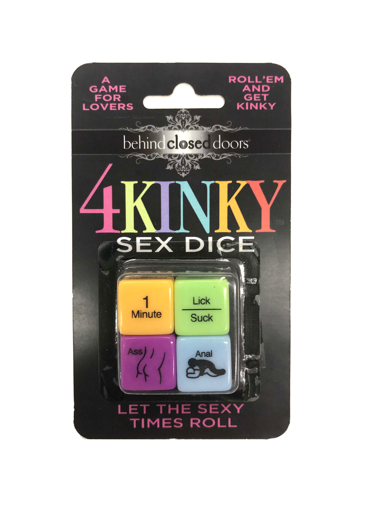 Behind Closed Doors 4 Kinky Sex Dice Game featuring colorful dice with prompts for stimulating fun.