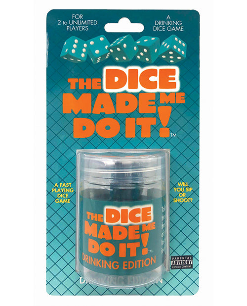 The Dice Made Me Do It Drinking Game Edition packaging featuring dice and prompts for adult gaming fun.