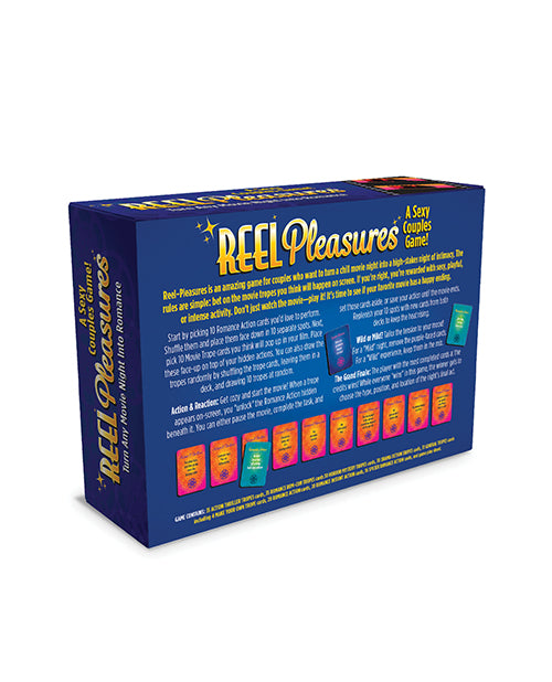 Reel Pleasures Couples Card Game packaging showcasing fun, flirty elements for movie night engagement.