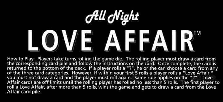 Instructional text for the All Night Love Affair Bedroom Game showing rules and gameplay.