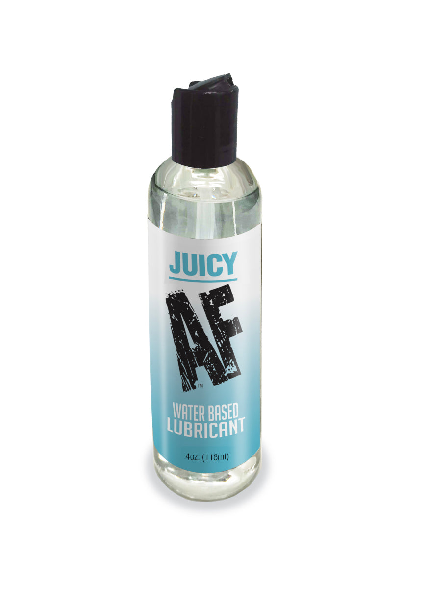 Juicy AF Water Based Lubricant 4oz Bottle with a clear liquid and stylish label for intimate encounters.