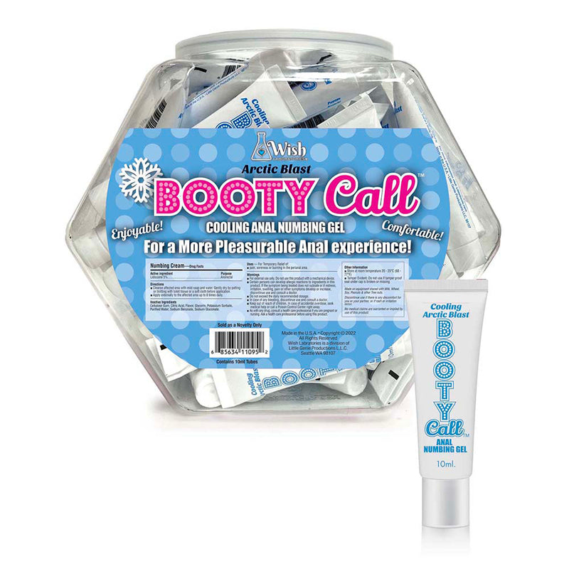 Booty Call Anal Numbing Cooling Gel Fishbowl 65 Pack displayed in a clear container with individual gel tubes.