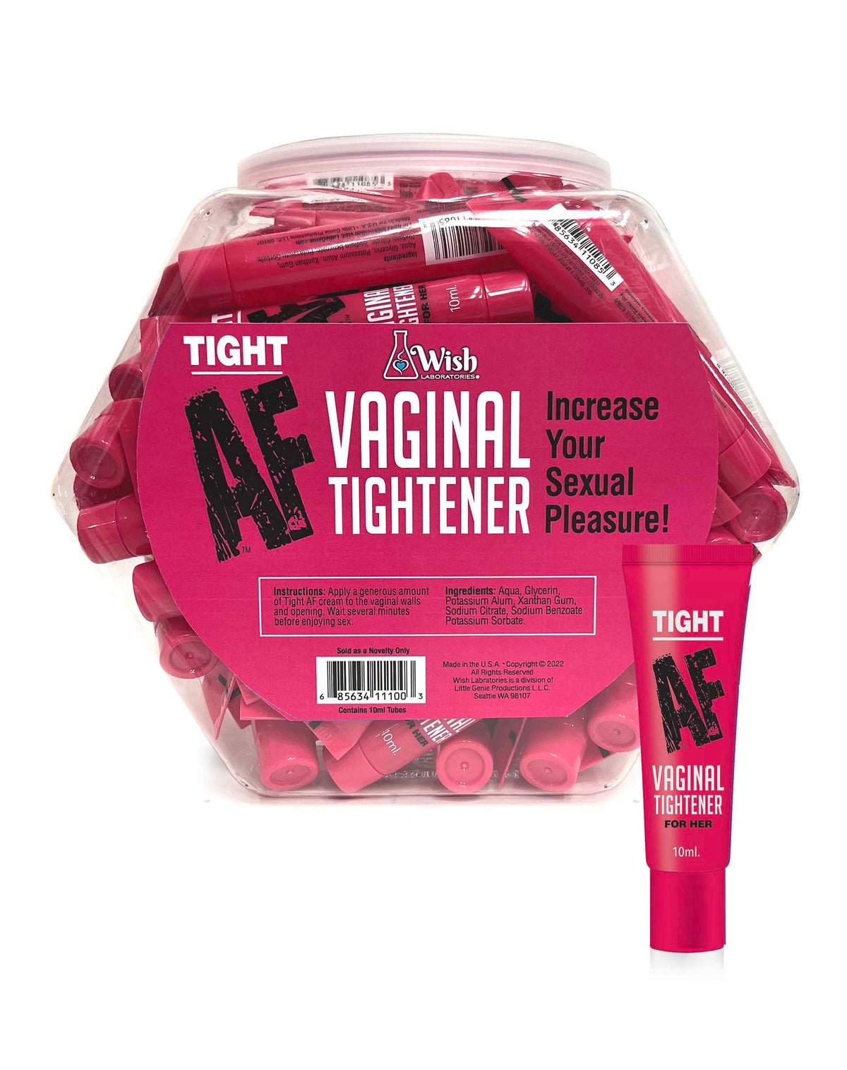 Tight AF Fishbowl 65 Pack Tightening Cream 10ml in a convenient countertop display with 65 single-use tubes.