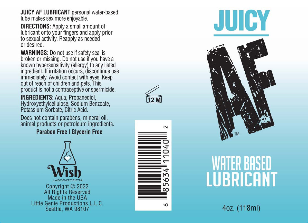 Juicy AF Water Based Lubricant 4oz Bottle label showing directions, warnings, ingredients, and product details.