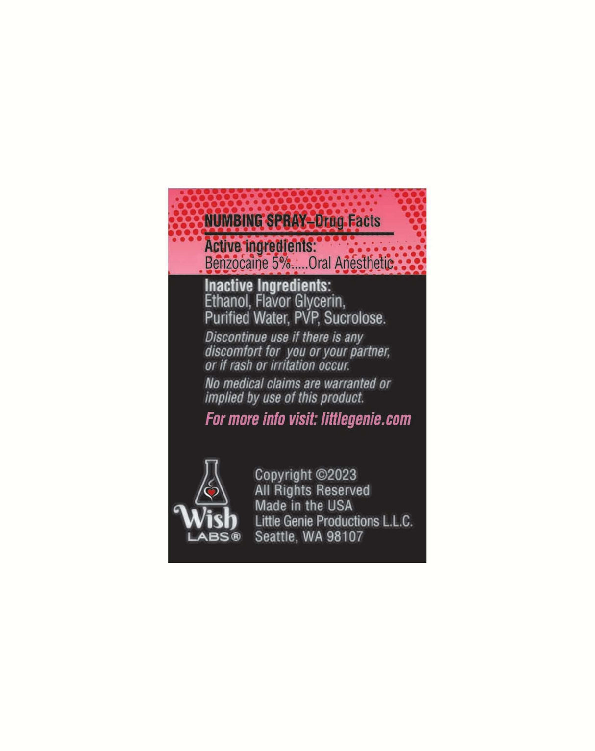 Numbing Spray drug facts label showing active ingredients and instructions on usage.
