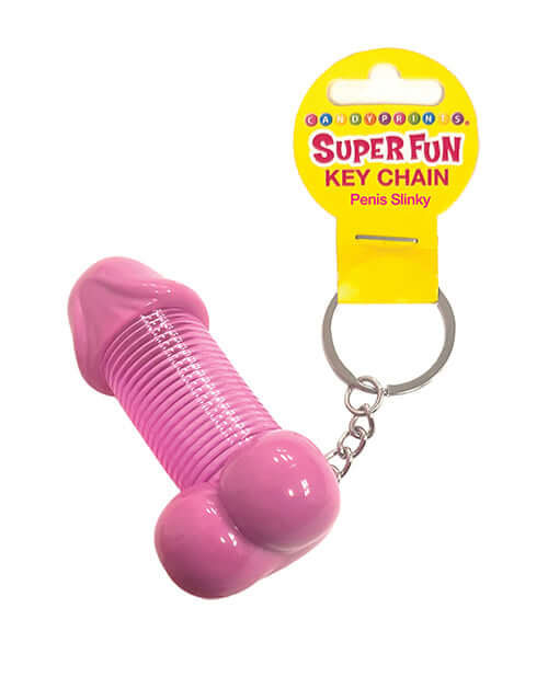 Super Fun Penis Slinky Keychain in pink with packaging, a playful novelty accessory for keyrings.