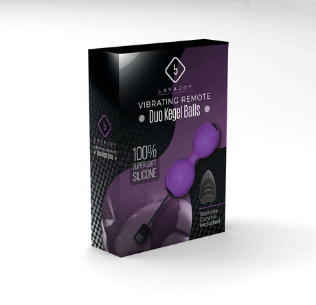 LavaJoy Vibrating Remote Controlled Duo Kegel Balls in a sleek package featuring 100% super soft silicone.