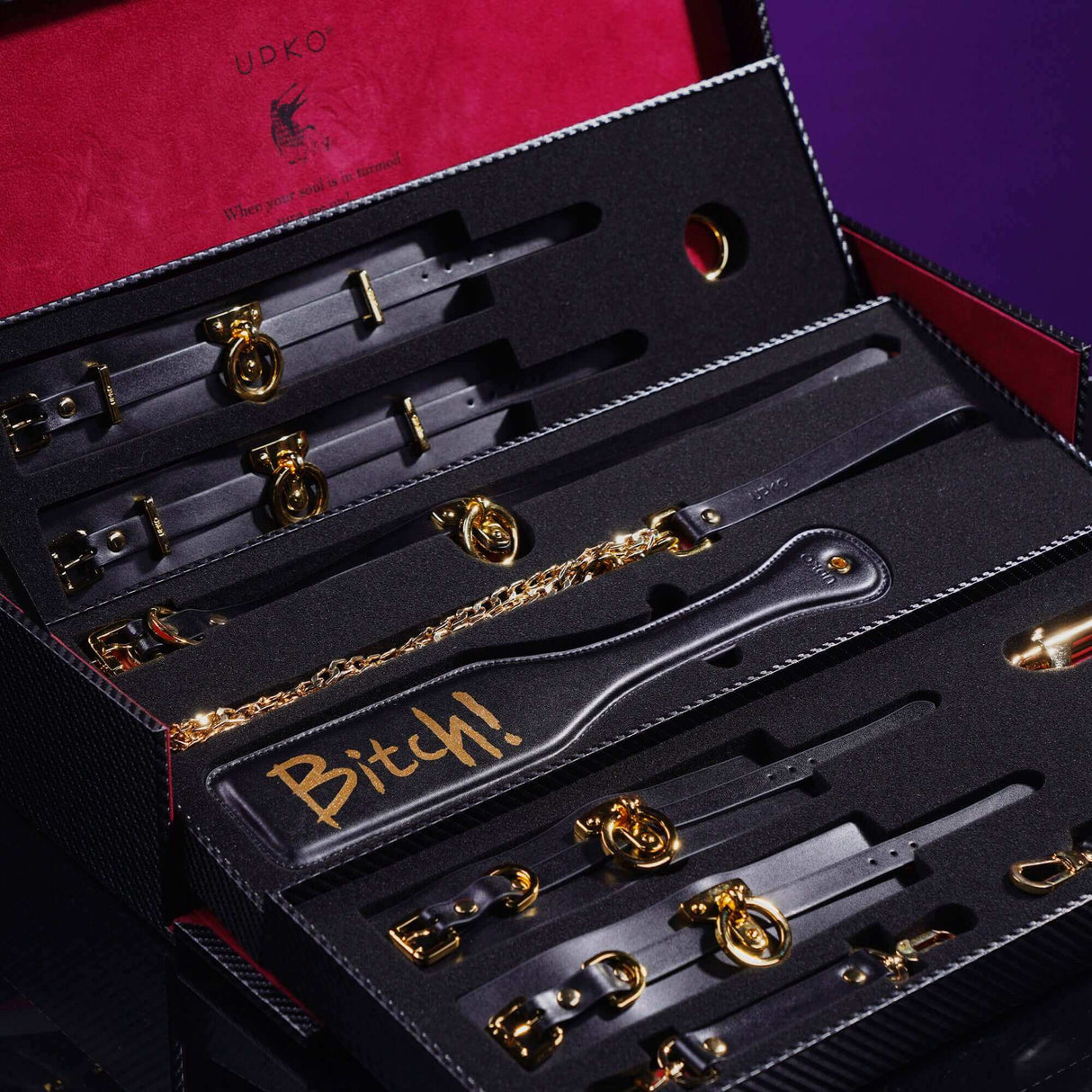 UPKO luxury Italian leather bondage tools set with gold accents, featuring a unique collar, leash, and wrist cuffs in an elegant case.