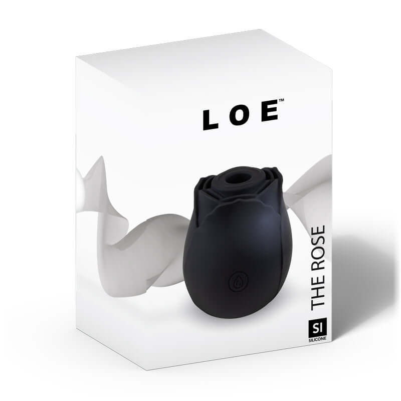 Loe The Rose Premium Suction Stimulator Black in elegant packaging showcasing its sleek design.
