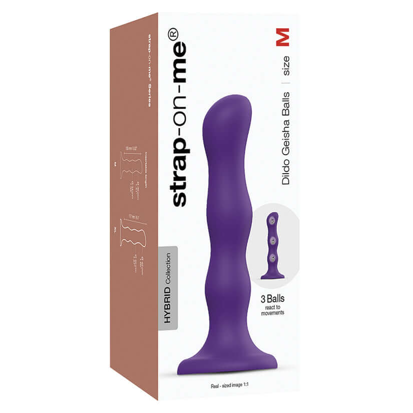 Strap On Me Geisha Dildo With Balls Purple M packaging showing design and features.