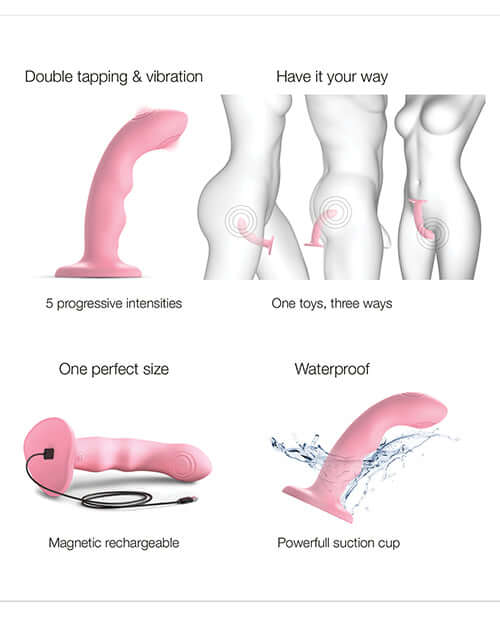 Strap-On-Me Tapping Dildo Wave Vibrator Coral features double tapping, waterproof design, and a powerful suction cup.