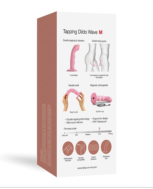 Strap-On-Me Tapping Dildo Wave Vibrator Coral packaging showing double tapping features and ergonomic design.