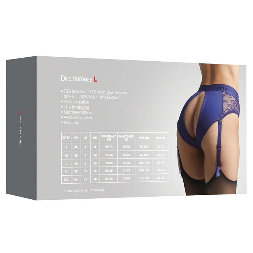 Strap On Me Harness Lingerie Diva Night Blue L packaging design featuring size and fabric details.