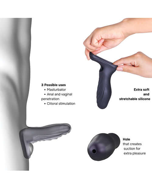 Manwan RYZER Penis Sleeve Black Plum showcasing multiple usage options and innovative design for enhanced pleasure.