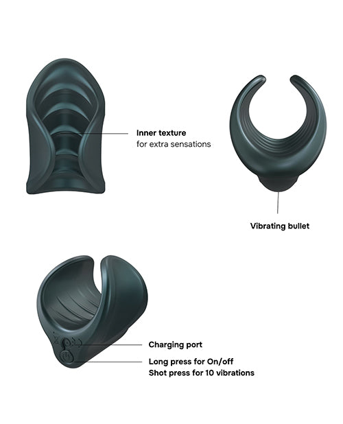 Manwan Starter Travel Vibrating Masturbator Pine Grey with inner texture, charging port, and vibrating bullet features.