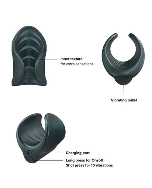 Manwan Starter Travel Vibrating Masturbator Pine Grey with inner texture, charging port, and vibrating bullet features.